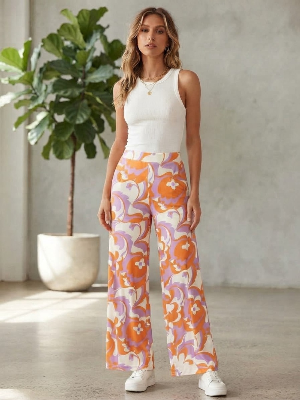 Zara Orange Lavender Wide-Leg Floral Pants large stretch dopamine groovy color